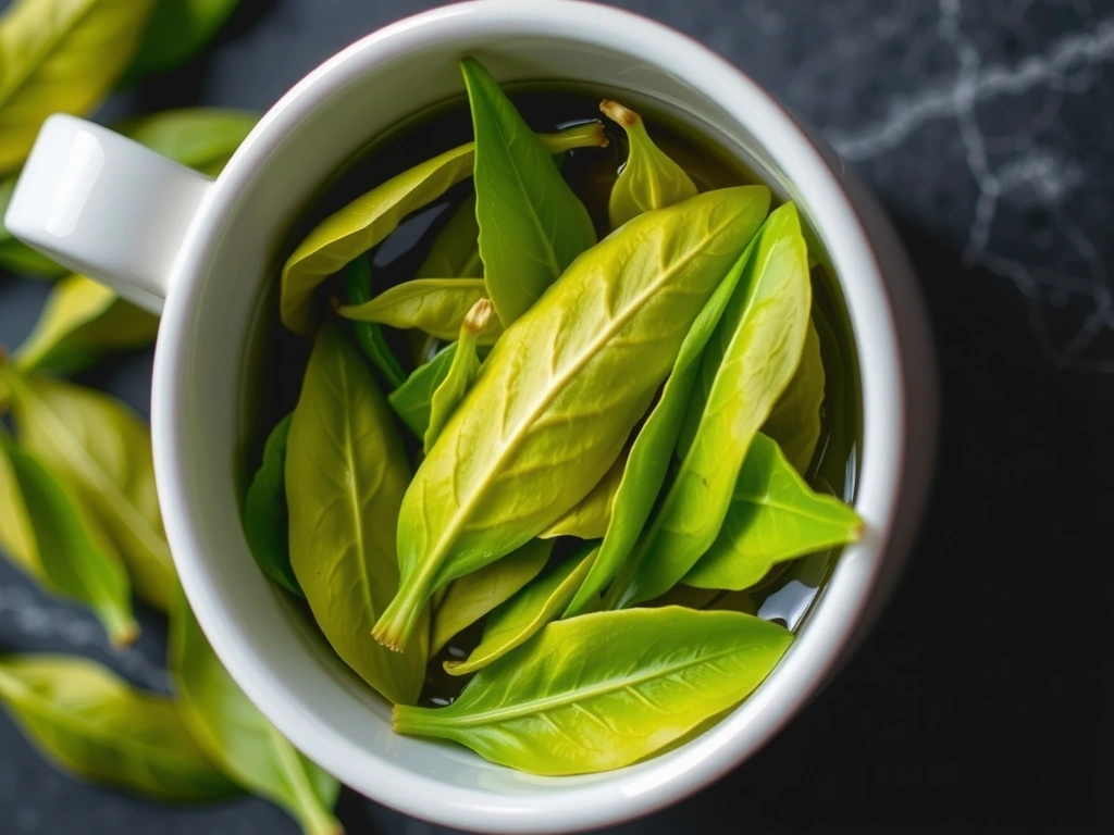 Fresh green tea leaves gently steaming in a cup, symbolizing purification and antioxidant power. No text.